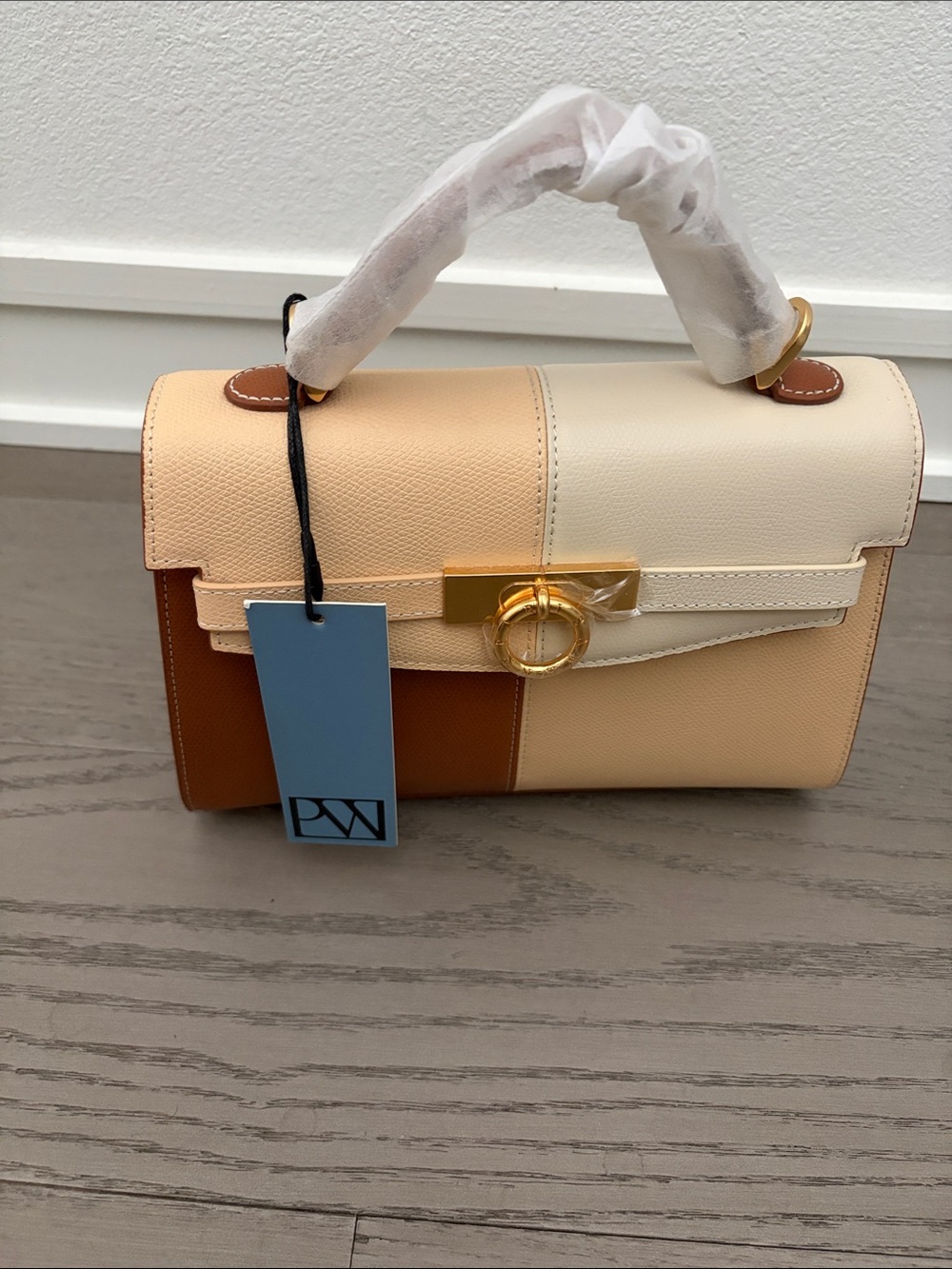 Paris’s Wang Colorblock Top-Handle Satchel in Cream, Tan & Brown (Kelly Style)